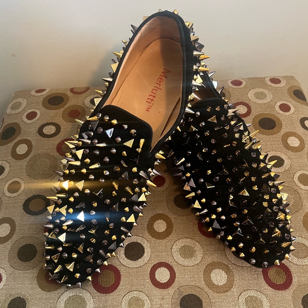 Merlutti Black Loafer Gold Rhinestones Rivets Flat- Size 12- Men